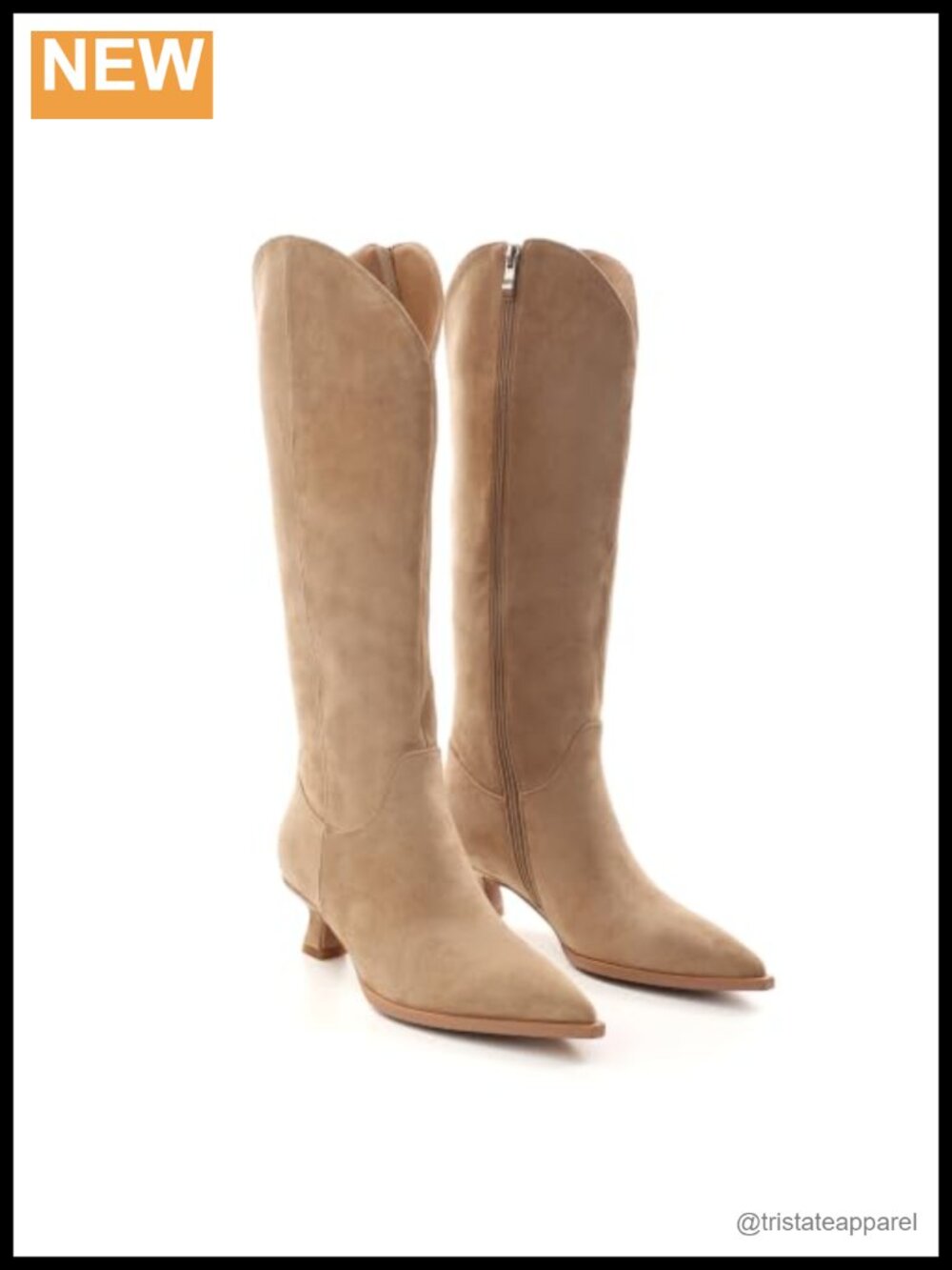 Faux Suede Kitten Heel Knee High Boots Pointed Toe Zip
